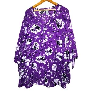 Catherine's 3X Purple Floral Print Chiffon 3/4 Sleeve Button Up V-Neck Blouse